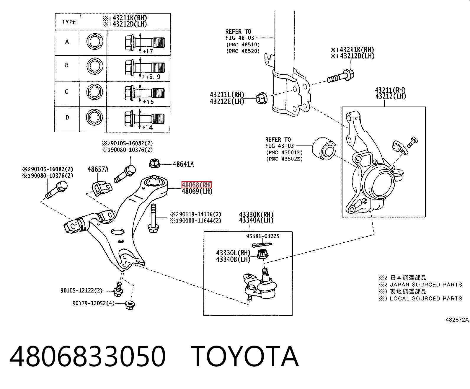4806833050 Toyota Важіль передньої підвіски нижній, правий