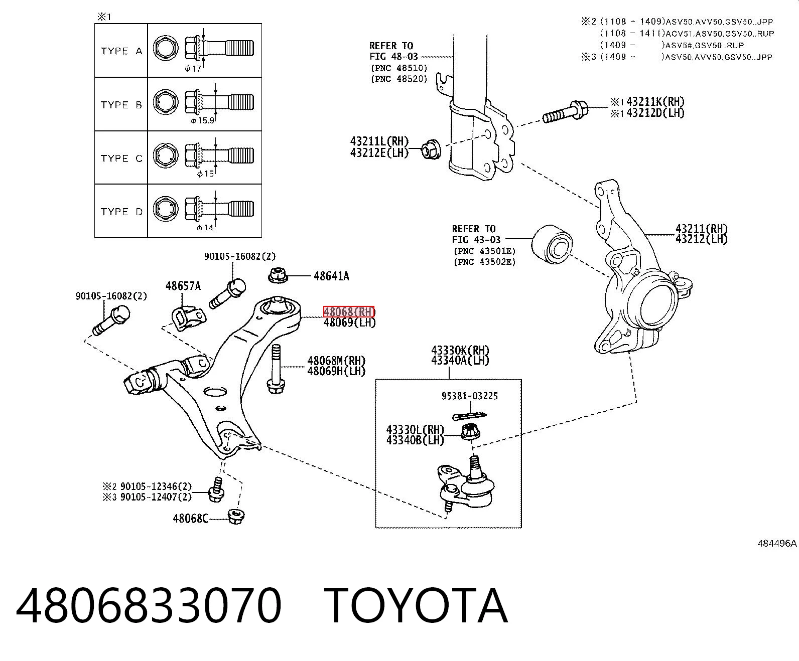 4806833070 Toyota Важіль передньої підвіски нижній, правий