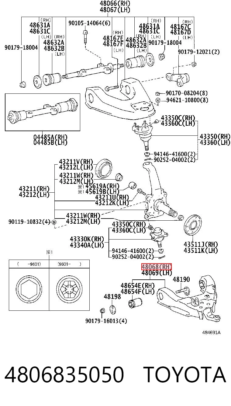 4806835050 Toyota Важіль передньої підвіски нижній, правий