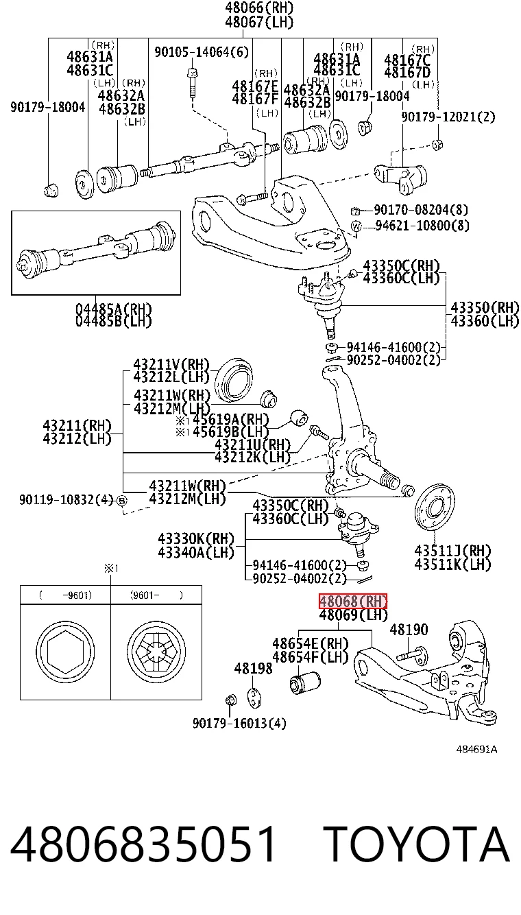 4806835051 Toyota Важіль передньої підвіски нижній, правий