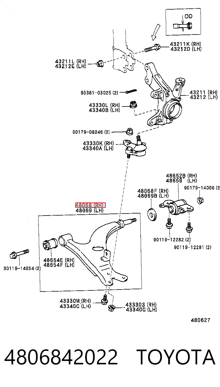 4806842022 Toyota Важіль передньої підвіски нижній, правий