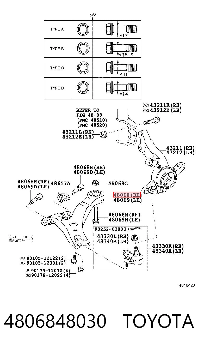 4806848030 Toyota Важіль передньої підвіски нижній, правий
