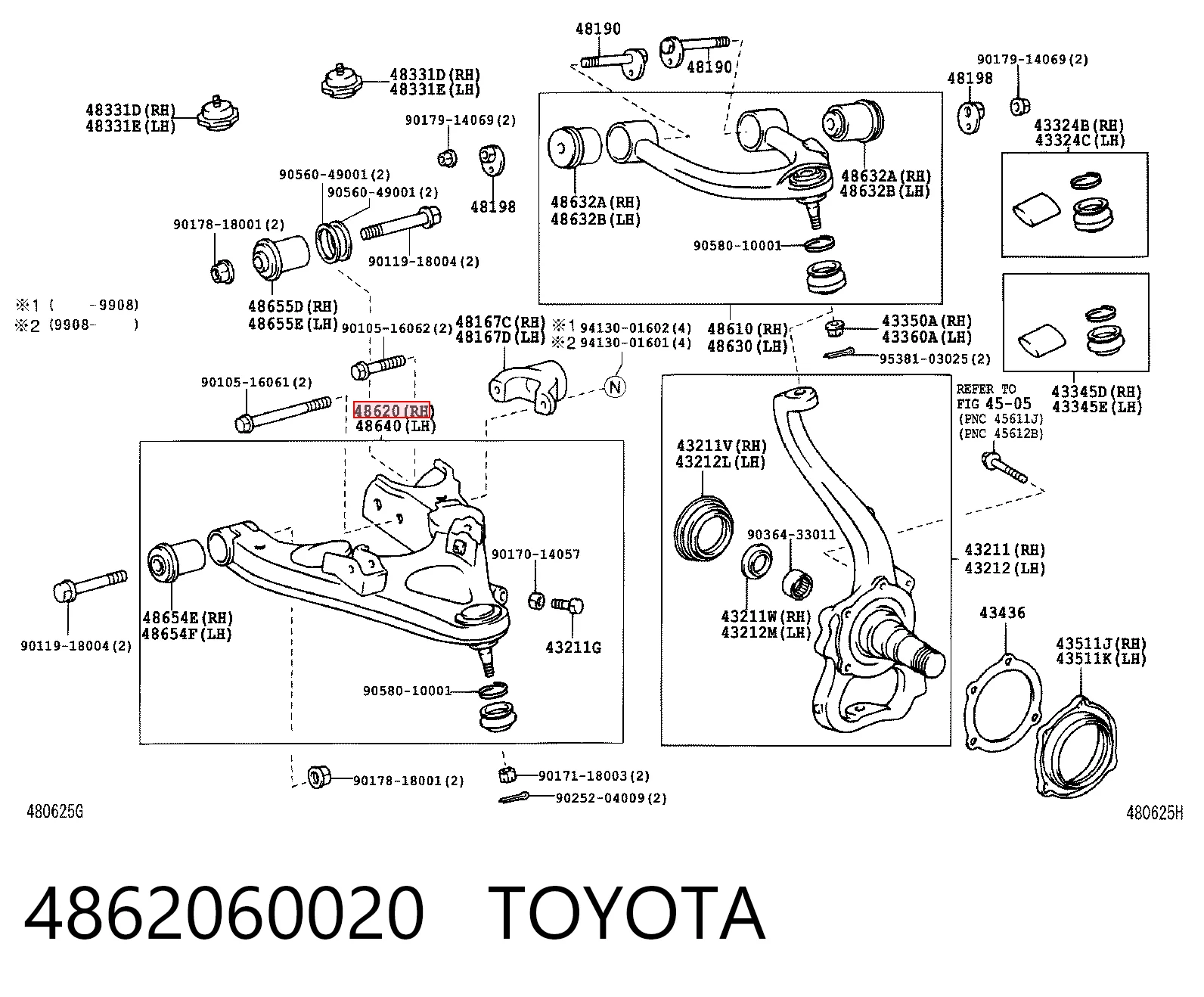 4862060020 Toyota Важіль передньої підвіски нижній, правий