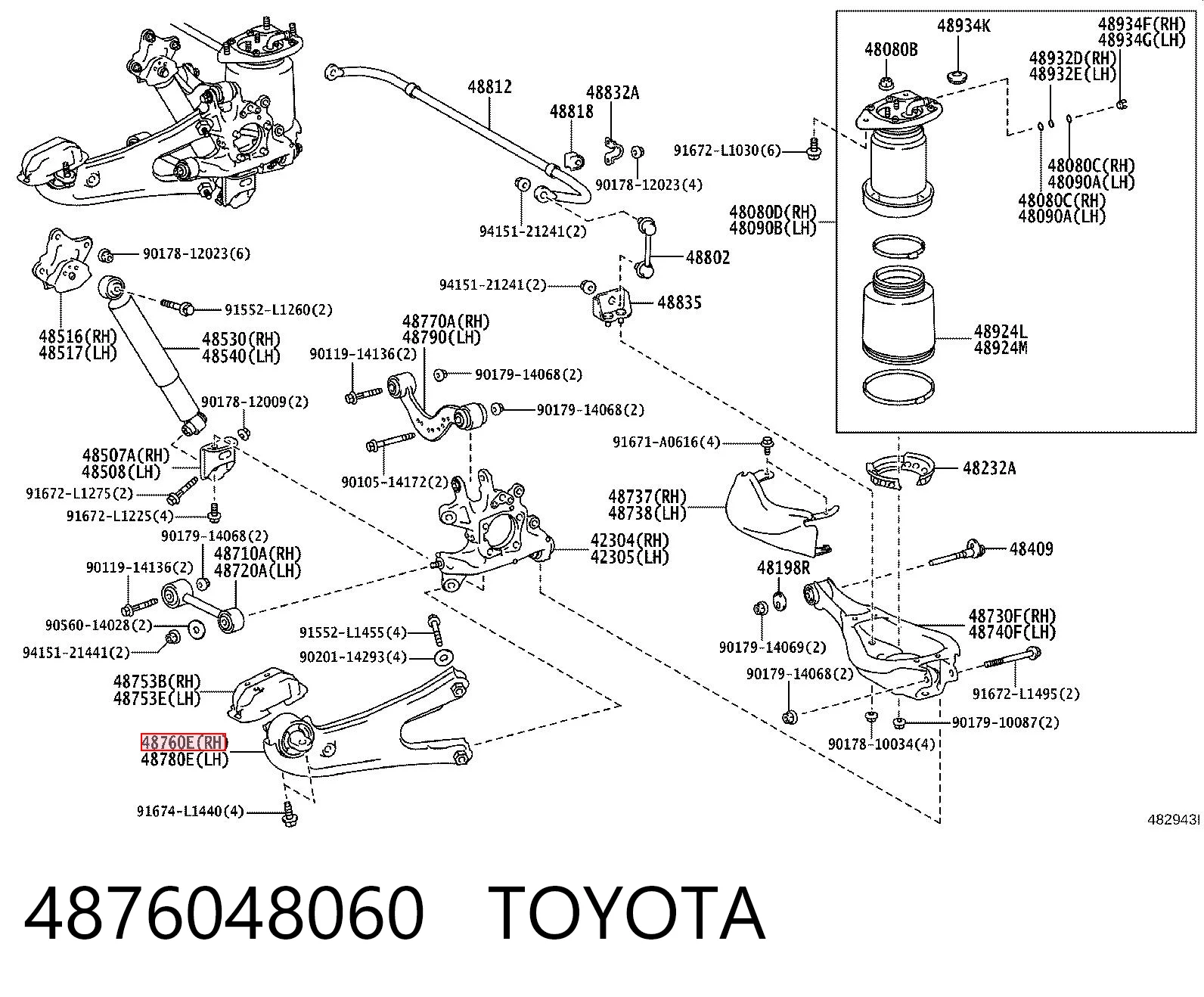 4876048060 Toyota Важіль/тяга задньої підвіски подовжній нижній, правий