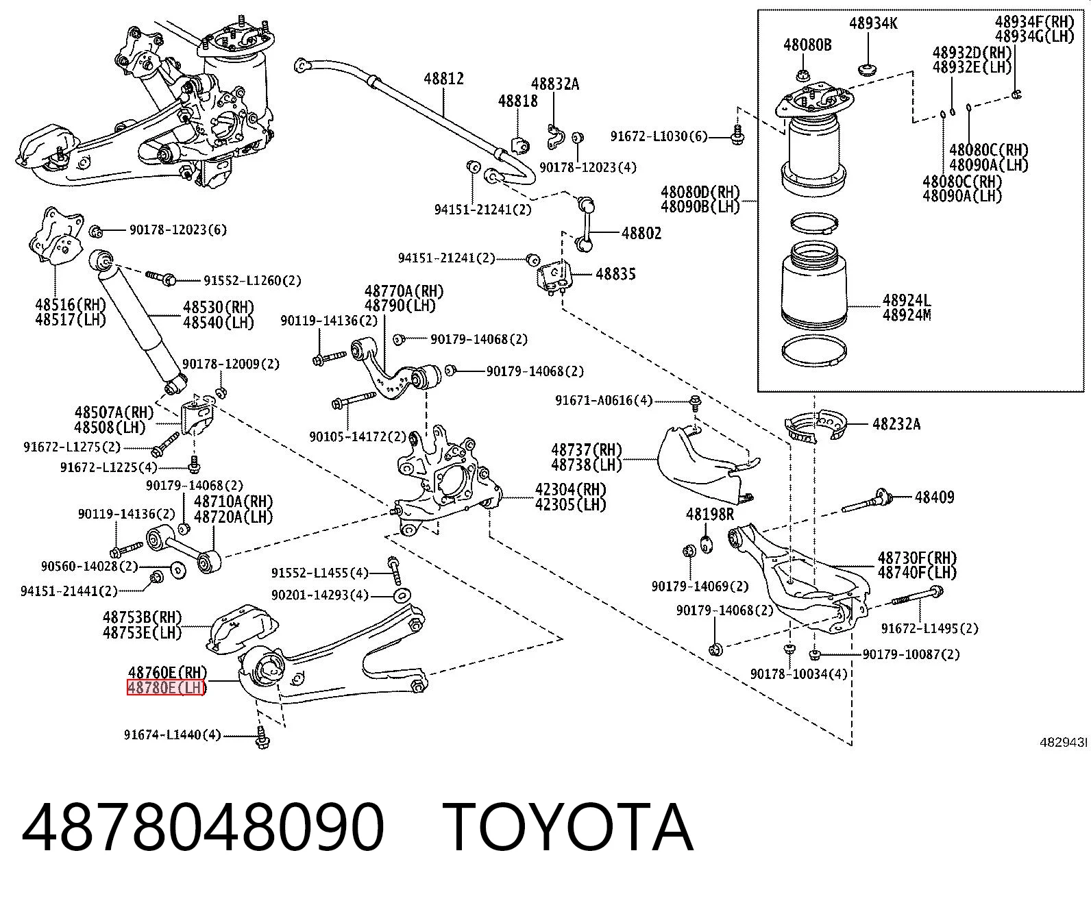 4878048090 Toyota Важіль/тяга задньої підвіски подовжній нижній, лівий