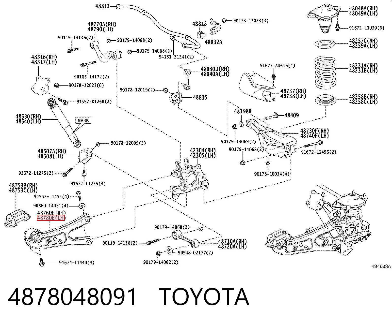 4878048091 Toyota Важіль/тяга задньої підвіски подовжній нижній, лівий
