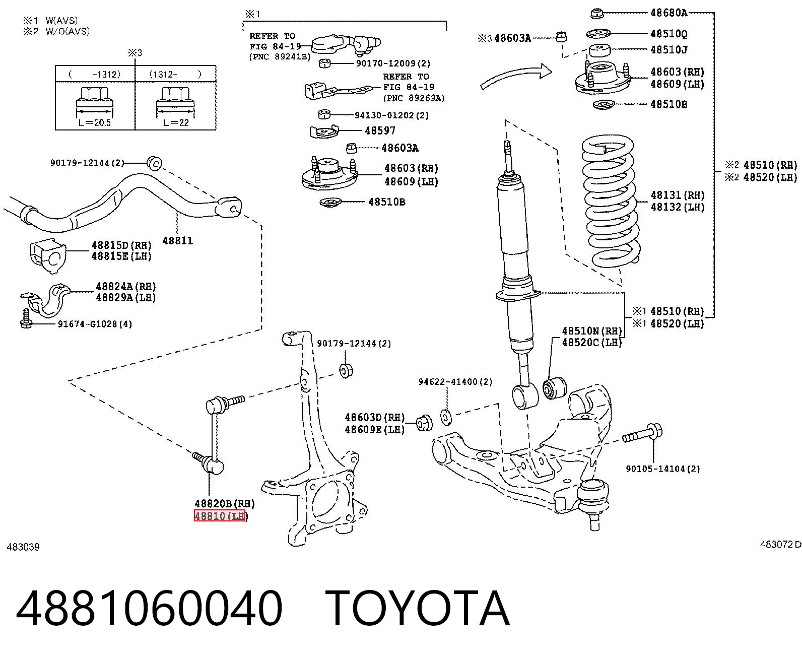 4881060040 Toyota Стійка стабілізатора, переднього, ліва
