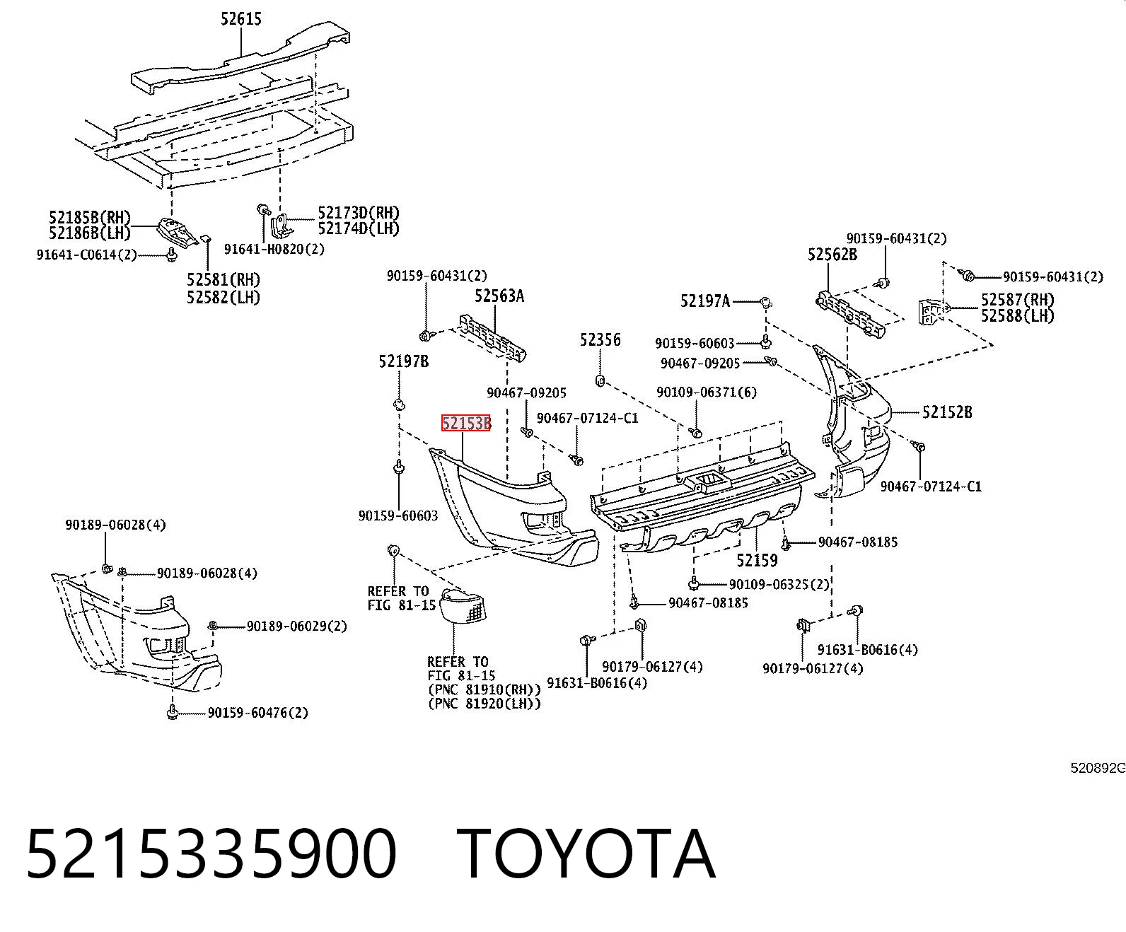 5215335900 Toyota Бампер задній, ліва частина