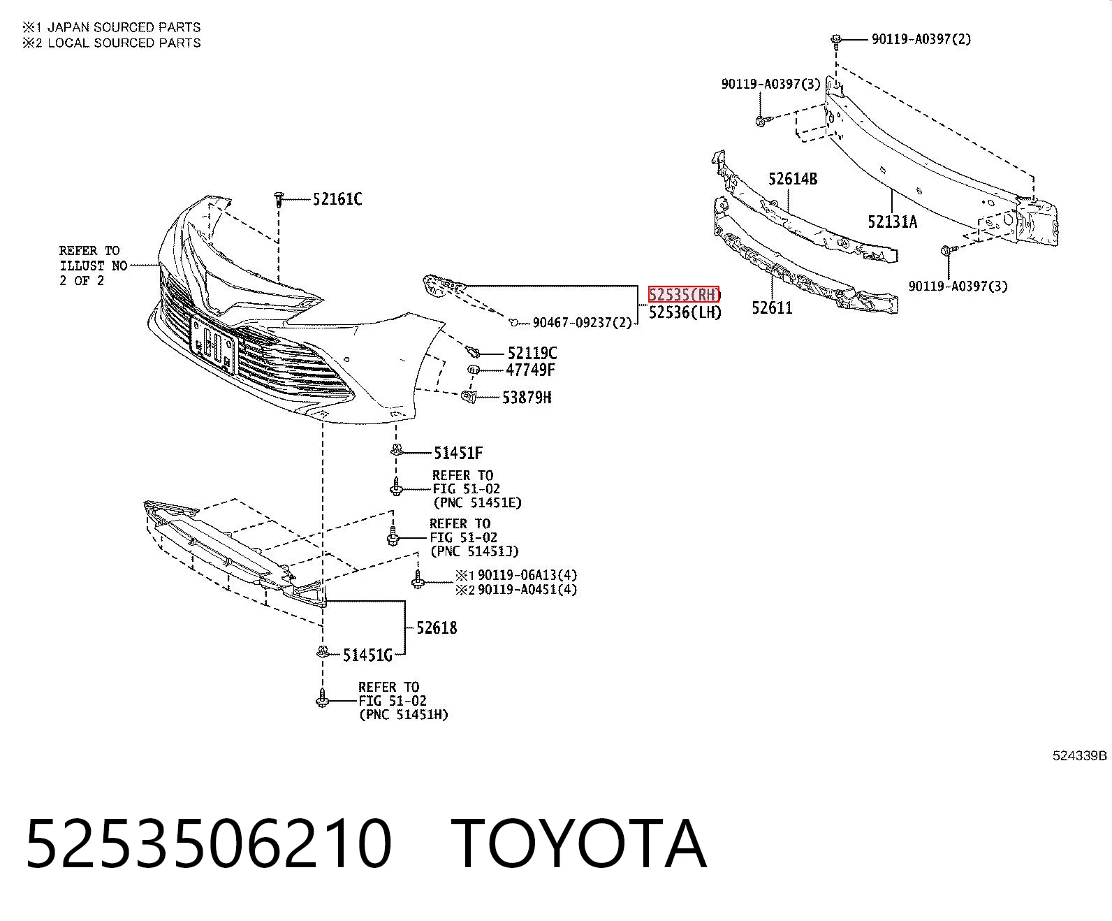 5253506210 Toyota Кронштейн бампера переднього, правий