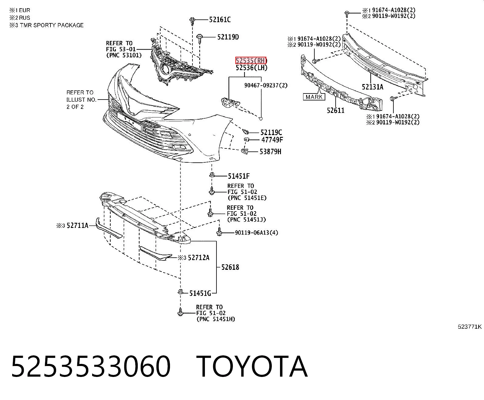5253533060 Toyota Праве кріплення переднього бампера