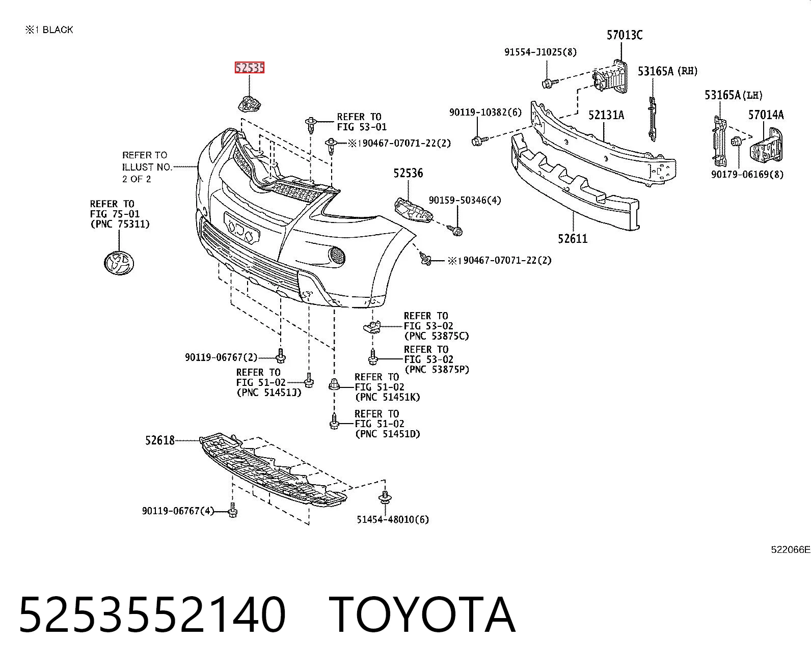 5253552140 Toyota Кронштейн бампера переднього, правий