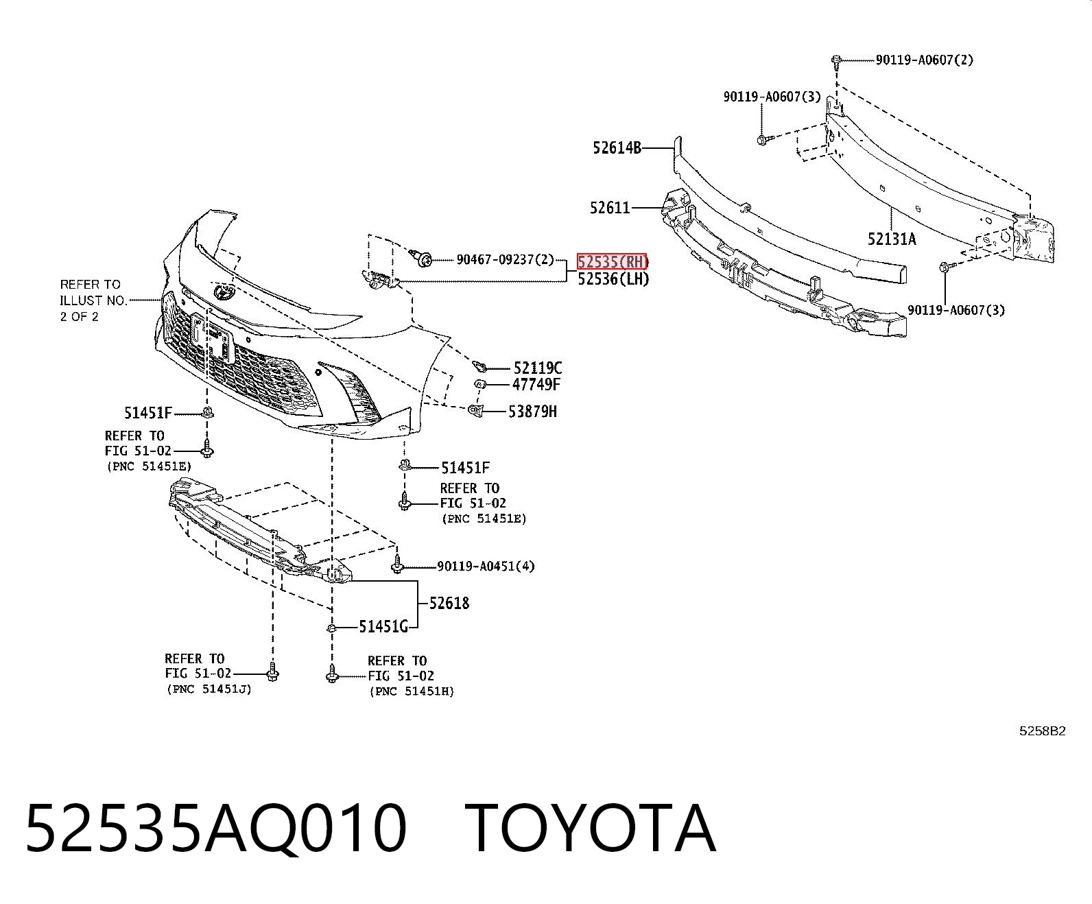 52535AQ010 Toyota Кронштейн бампера переднього, правий