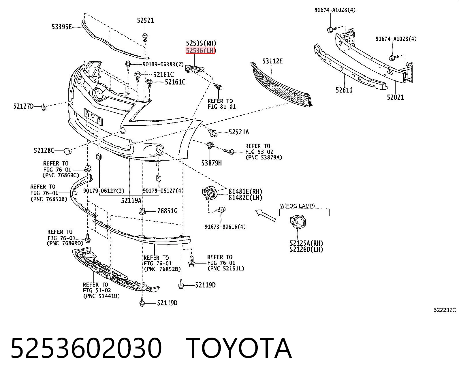 5253602030 Toyota Лівий кронштейн переднього бампера