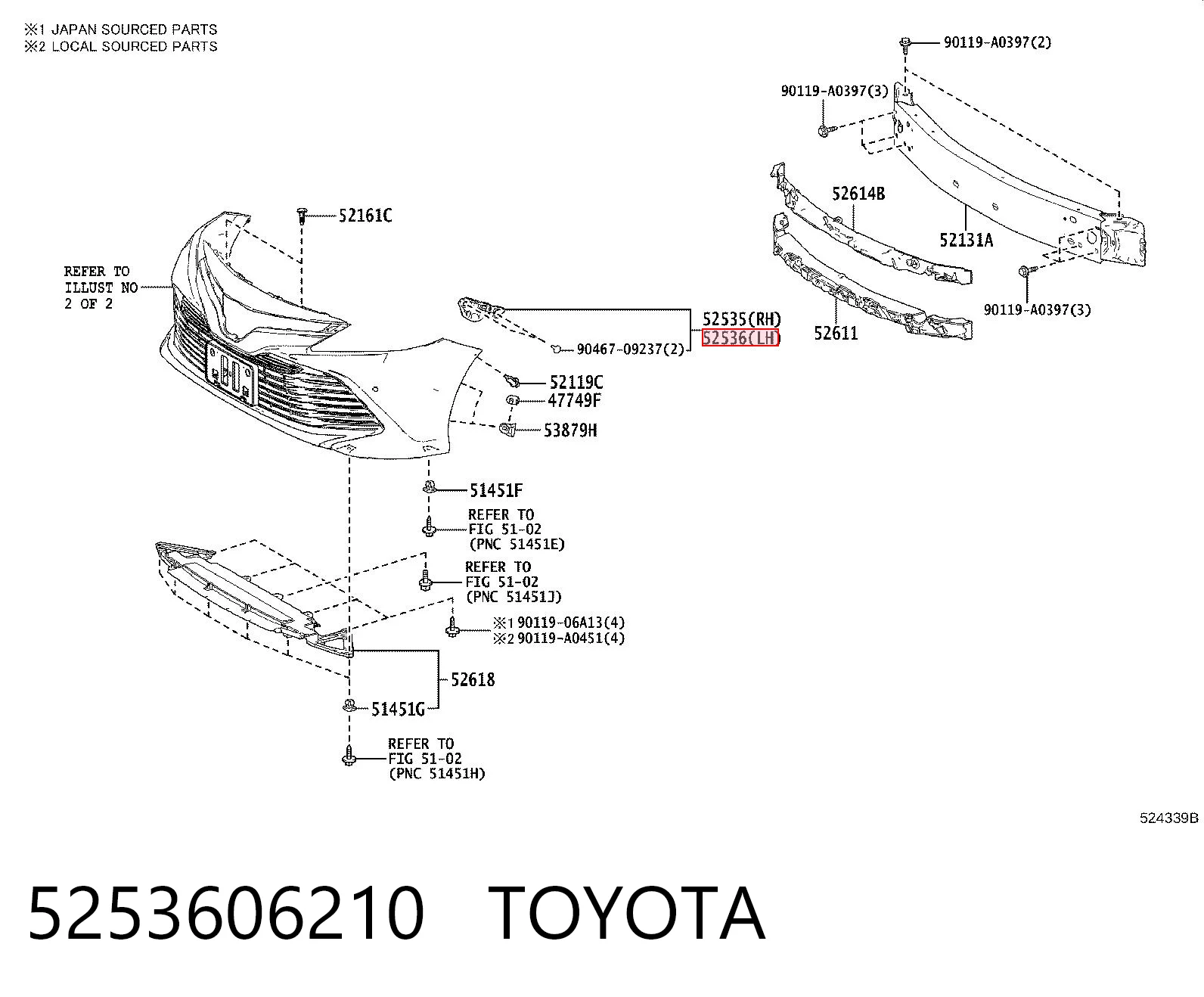 5253606210 Toyota Лівий кронштейн переднього бампера