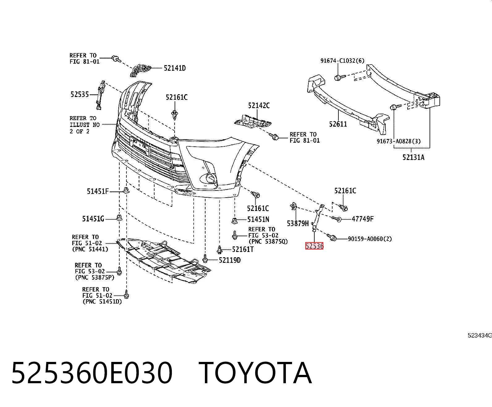 525360E030 Toyota Лівий кронштейн переднього бампера