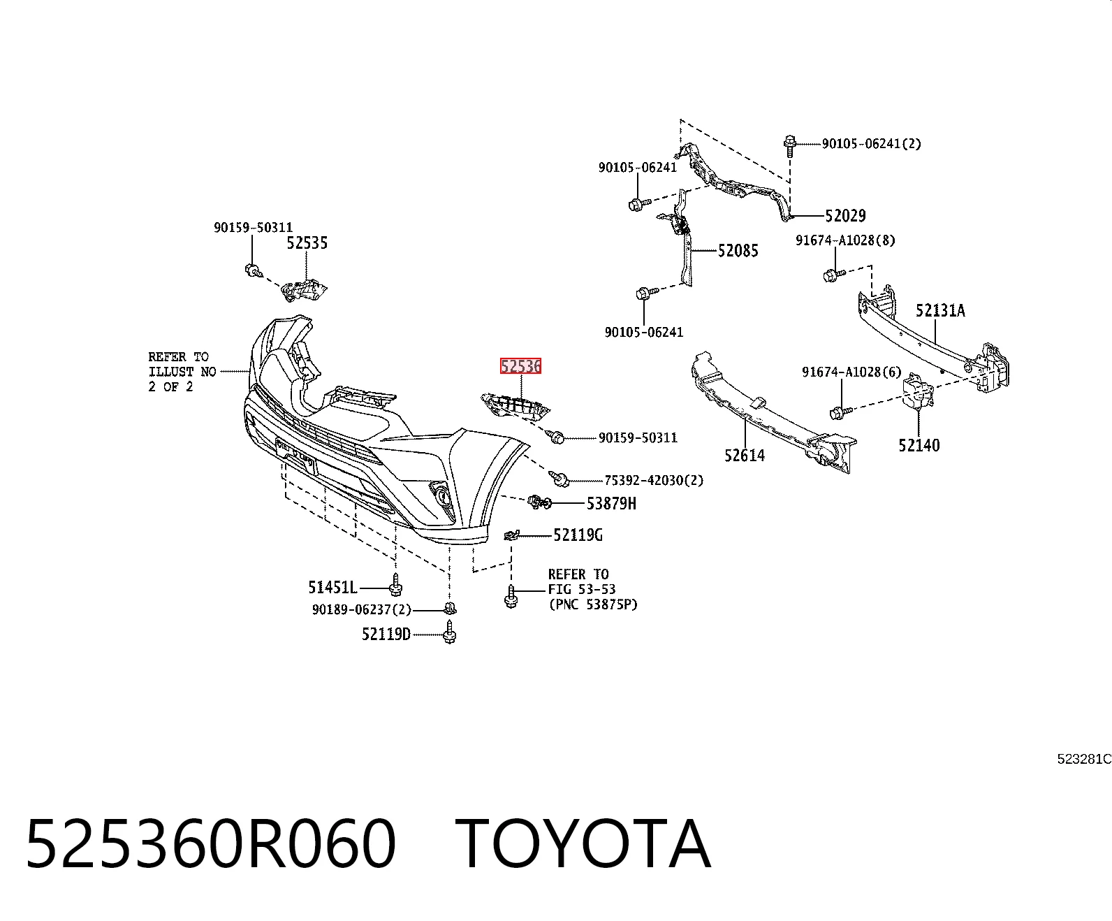 525360R060 Toyota Лівий кронштейн переднього бампера
