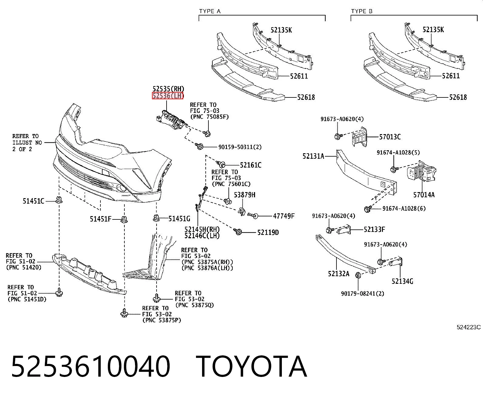 5253610040 Toyota Лівий кронштейн переднього бампера