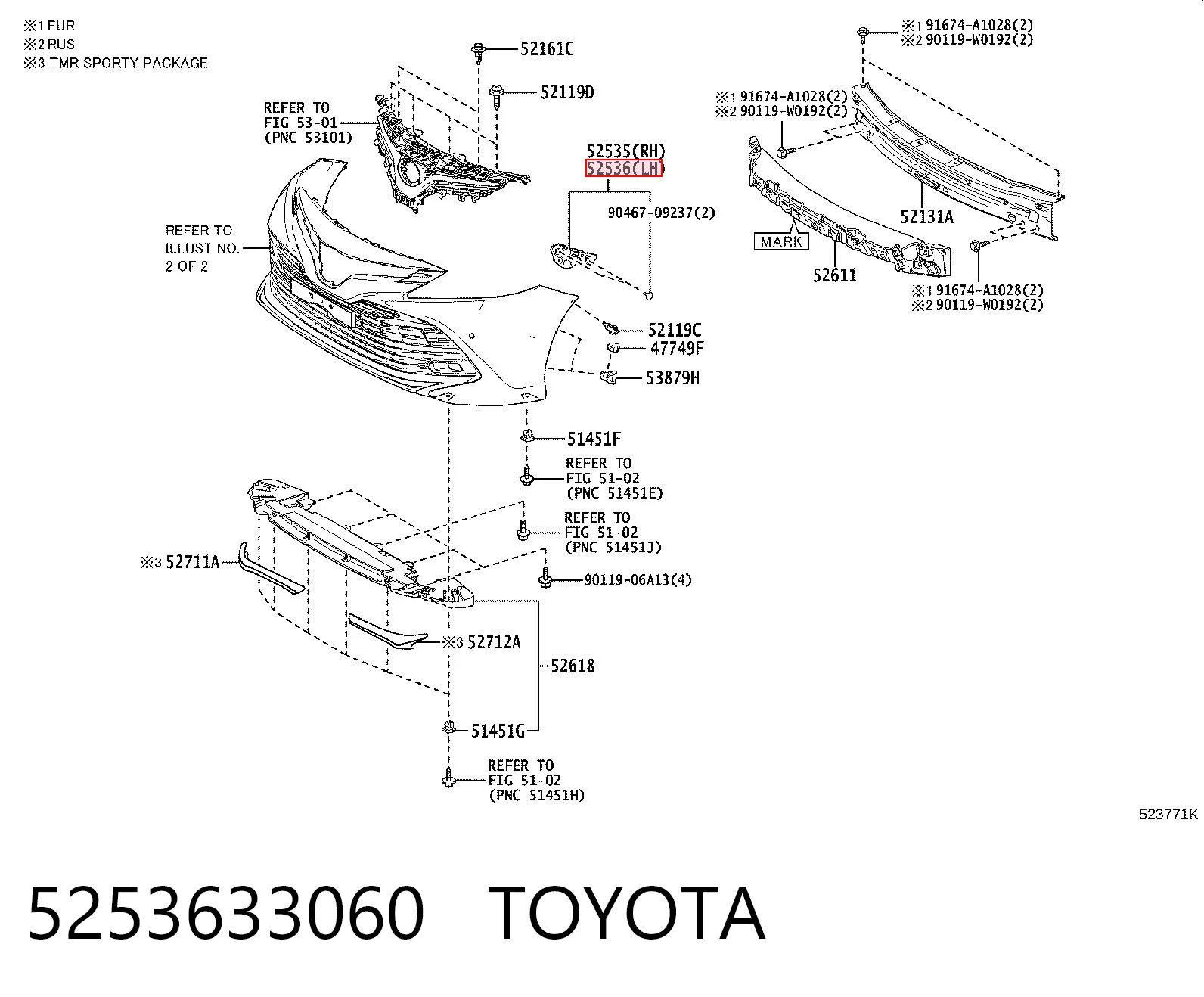 5253633060 Toyota Лівий кронштейн переднього бампера