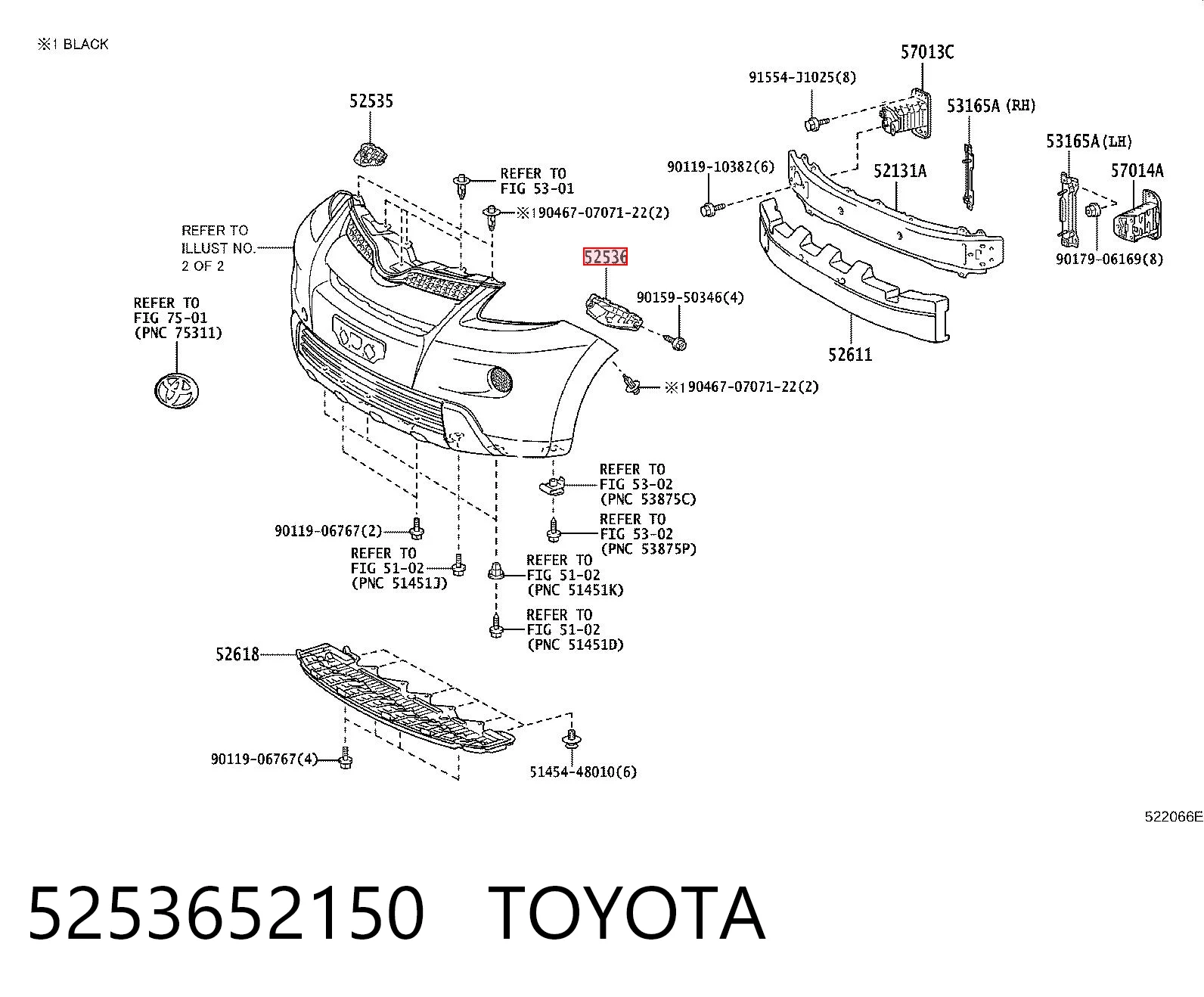 5253652150 Toyota Лівий кронштейн переднього бампера