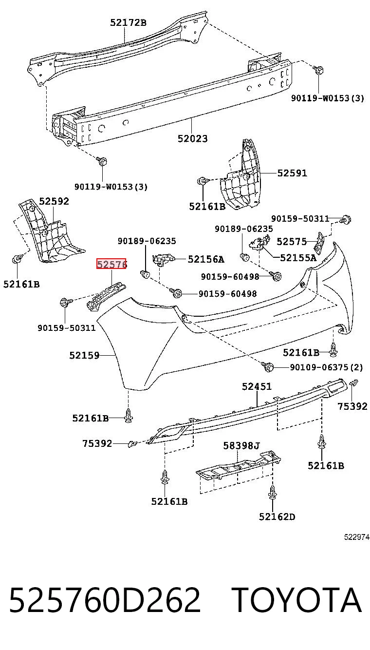 525760D262 Toyota Кронштейн бампера заднього, лівий