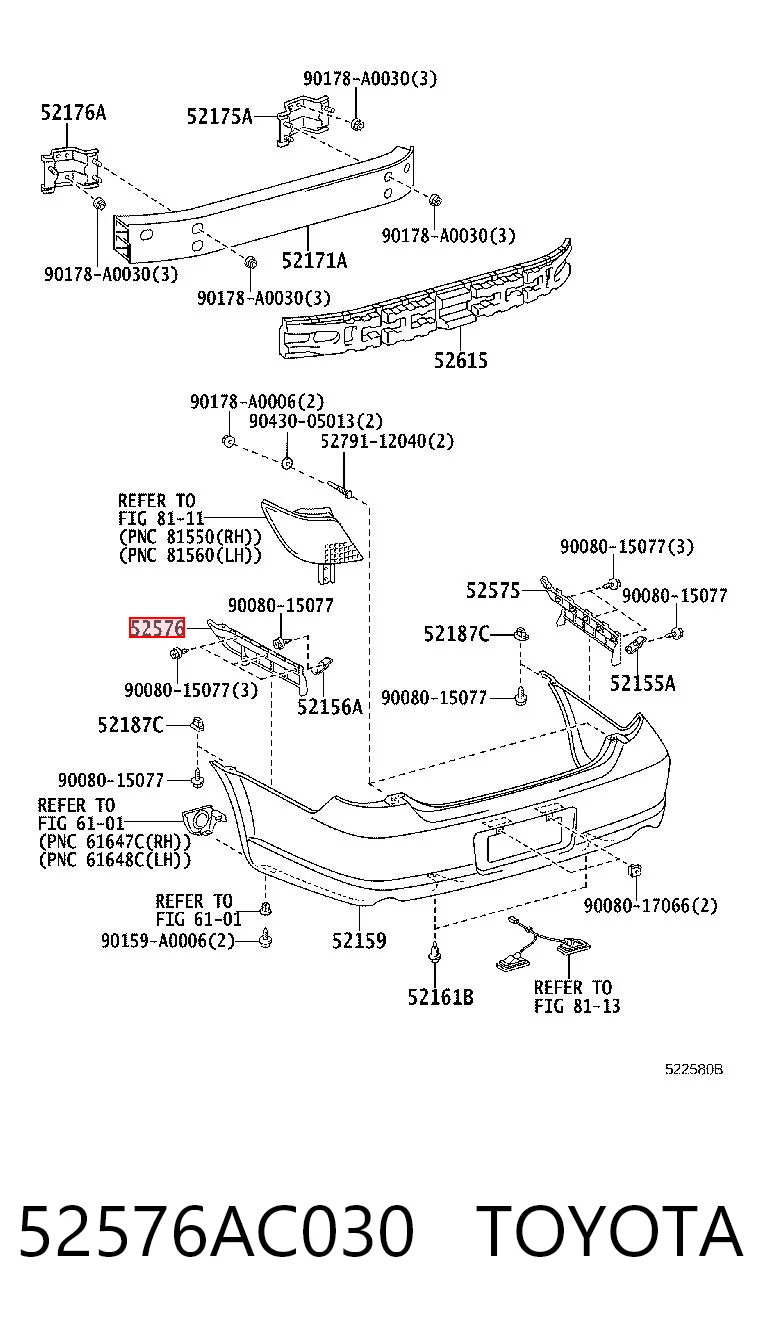 52576AC030 Toyota Напрямна заднього бампера, ліва