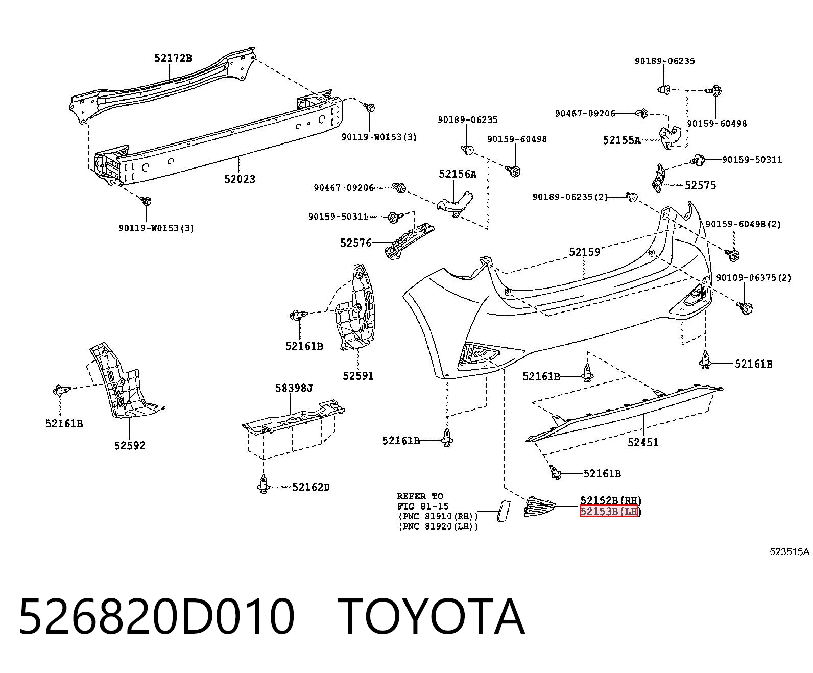 526820D010 Toyota Бампер задній, ліва частина