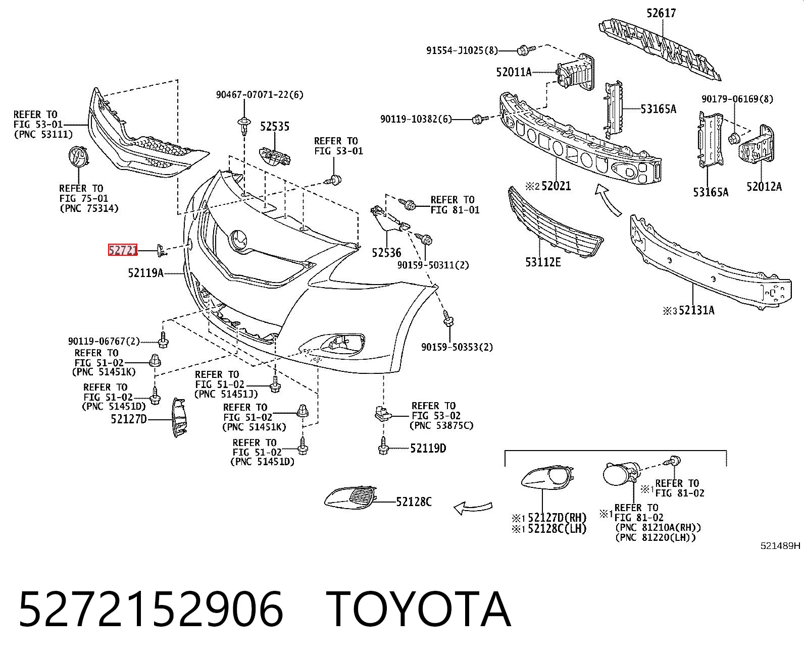 5272152906 Toyota Заглушка бампера буксирувального гака, передні праві