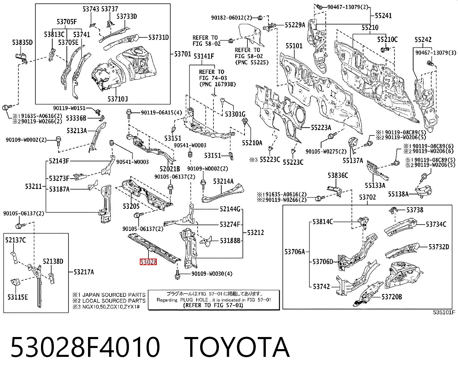 53028F4010 Toyota Супорт радіатора нижній/монтажна панель кріплення фар
