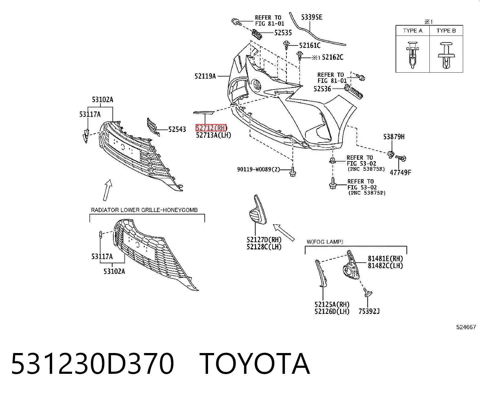 531230D370 Toyota Молдинг переднього бампера, правий