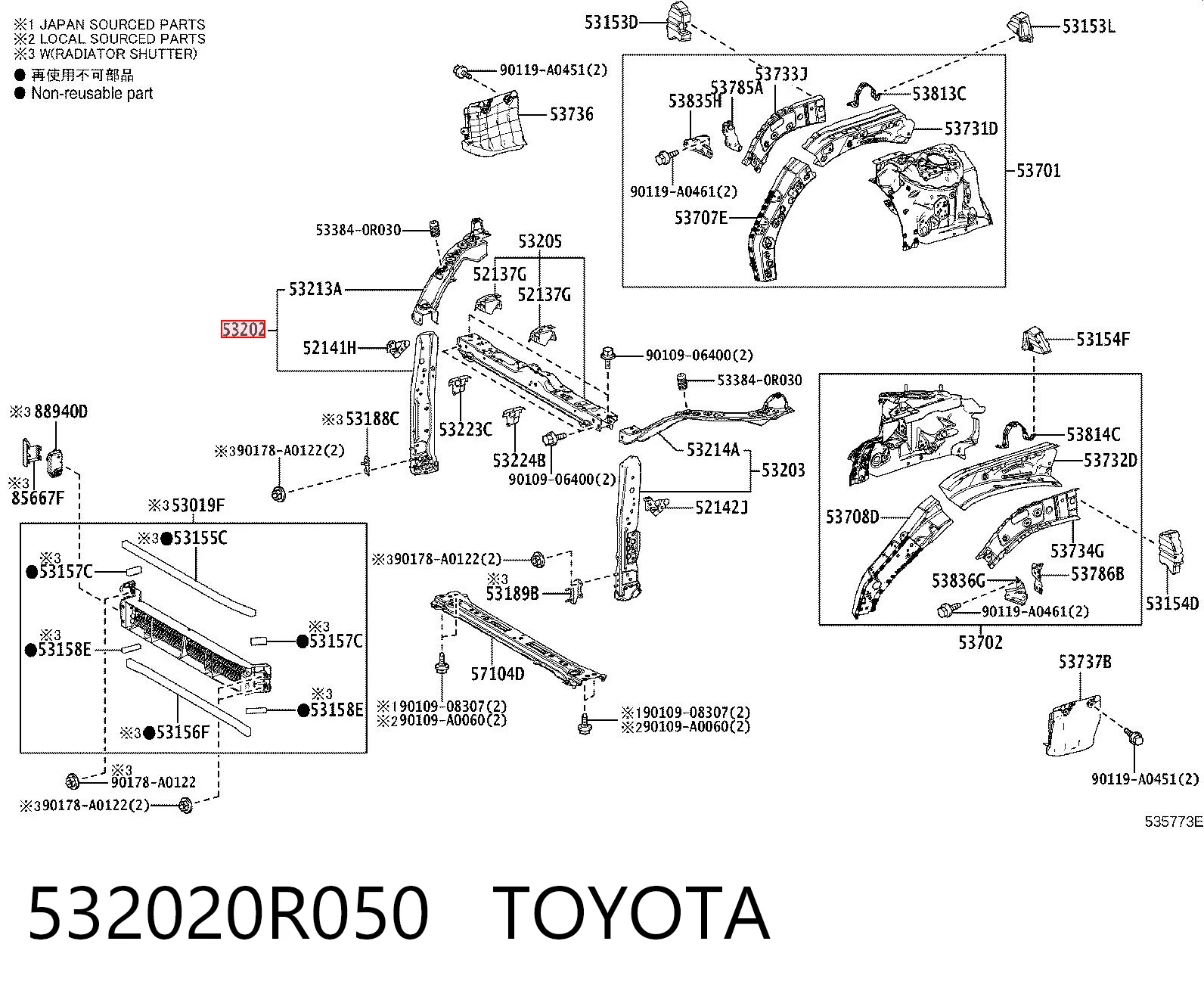 532020R050 Toyota Супорт радіатора правий/монтажна панель кріплення фар