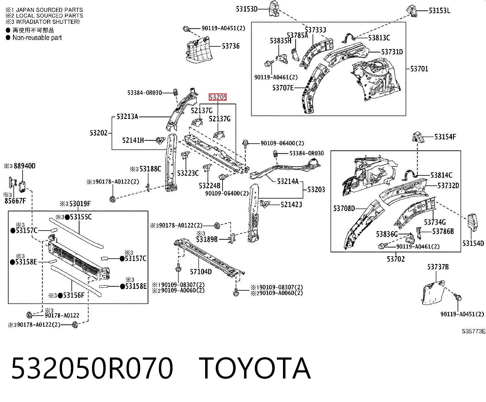 532050R070 Toyota Супорт радіатора верхній/монтажна панель кріплення фар