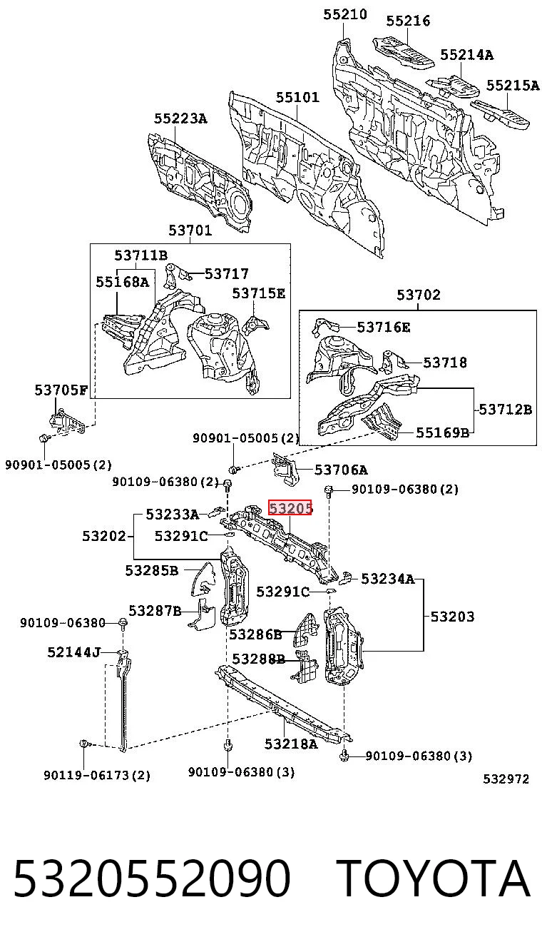5320552090 Toyota Супорт радіатора верхній/монтажна панель кріплення фар