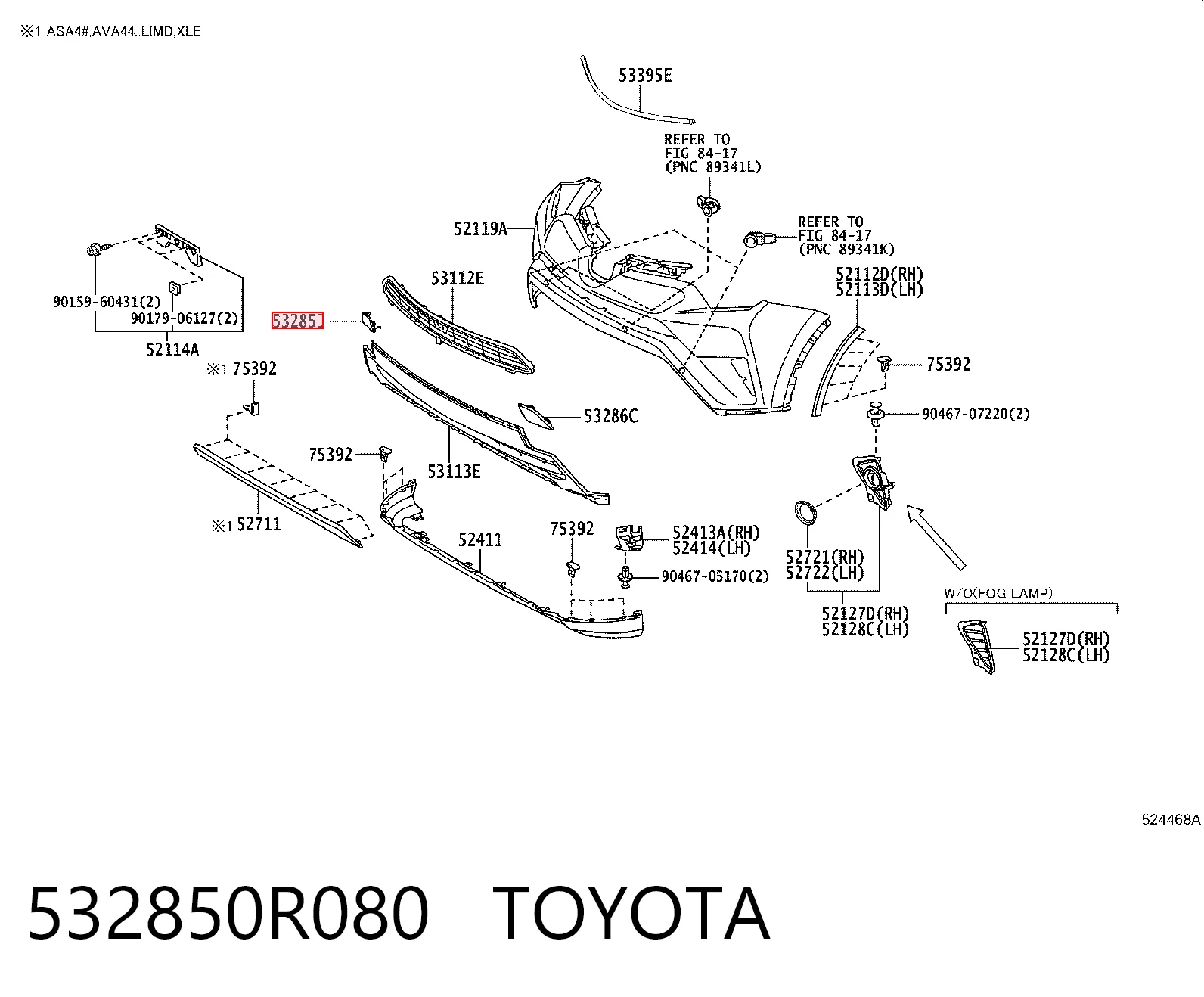 532850R080 Toyota Заглушка бампера буксирувального гака, передні праві