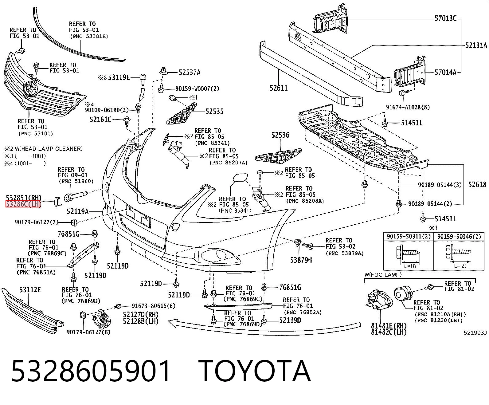 5328605901 Toyota Заглушка бампера буксирувального гака, передня ліва