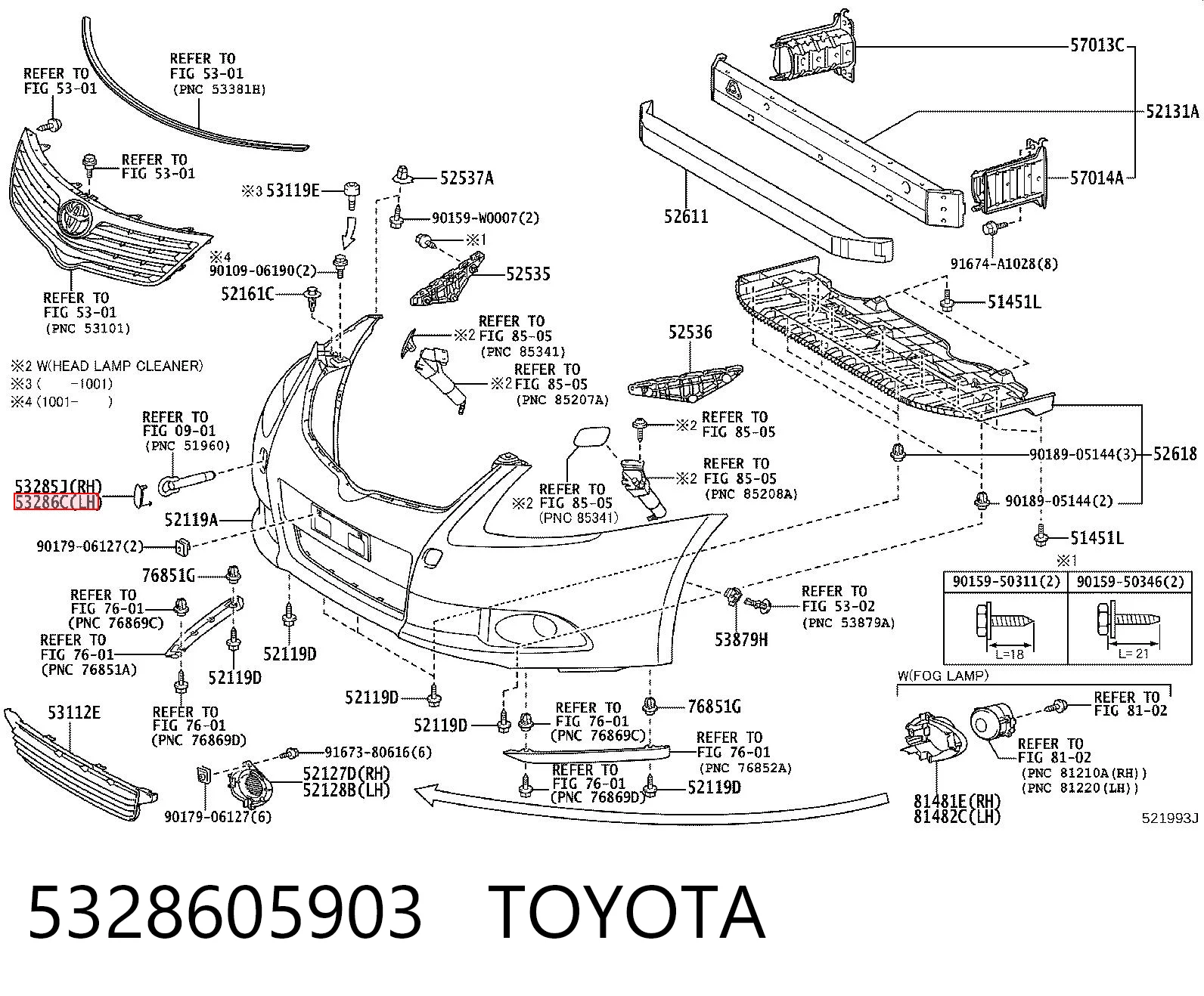 5328605903 Toyota Заглушка бампера буксирувального гака, передня ліва