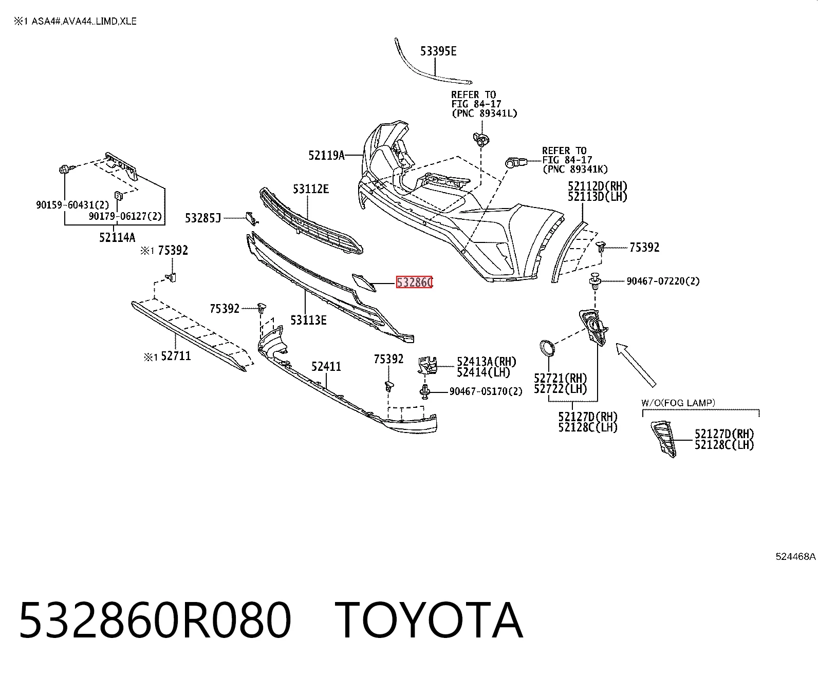 532860R080 Toyota Заглушка бампера буксирувального гака, передня ліва