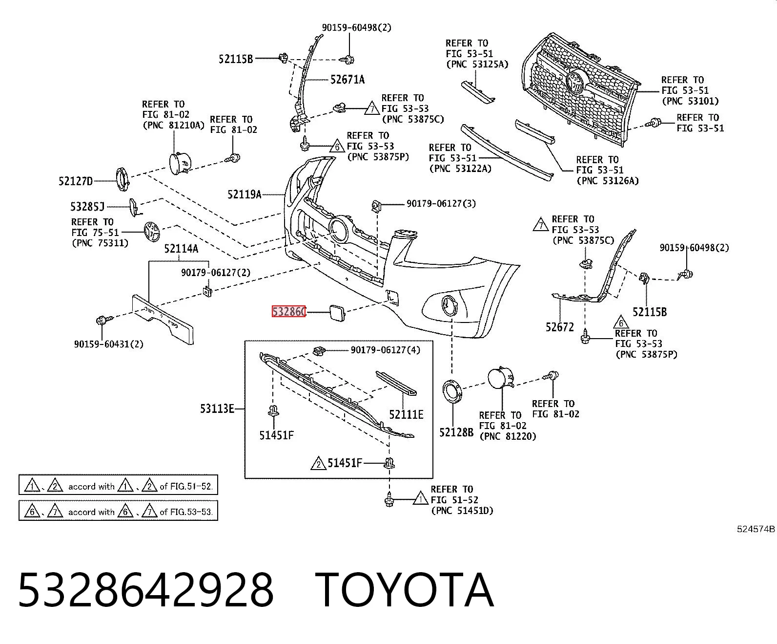5328642928 Toyota Заглушка бампера буксирувального гака, передня ліва