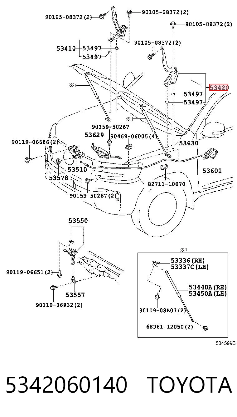 5342060140 Toyota Завіс капота, лівий