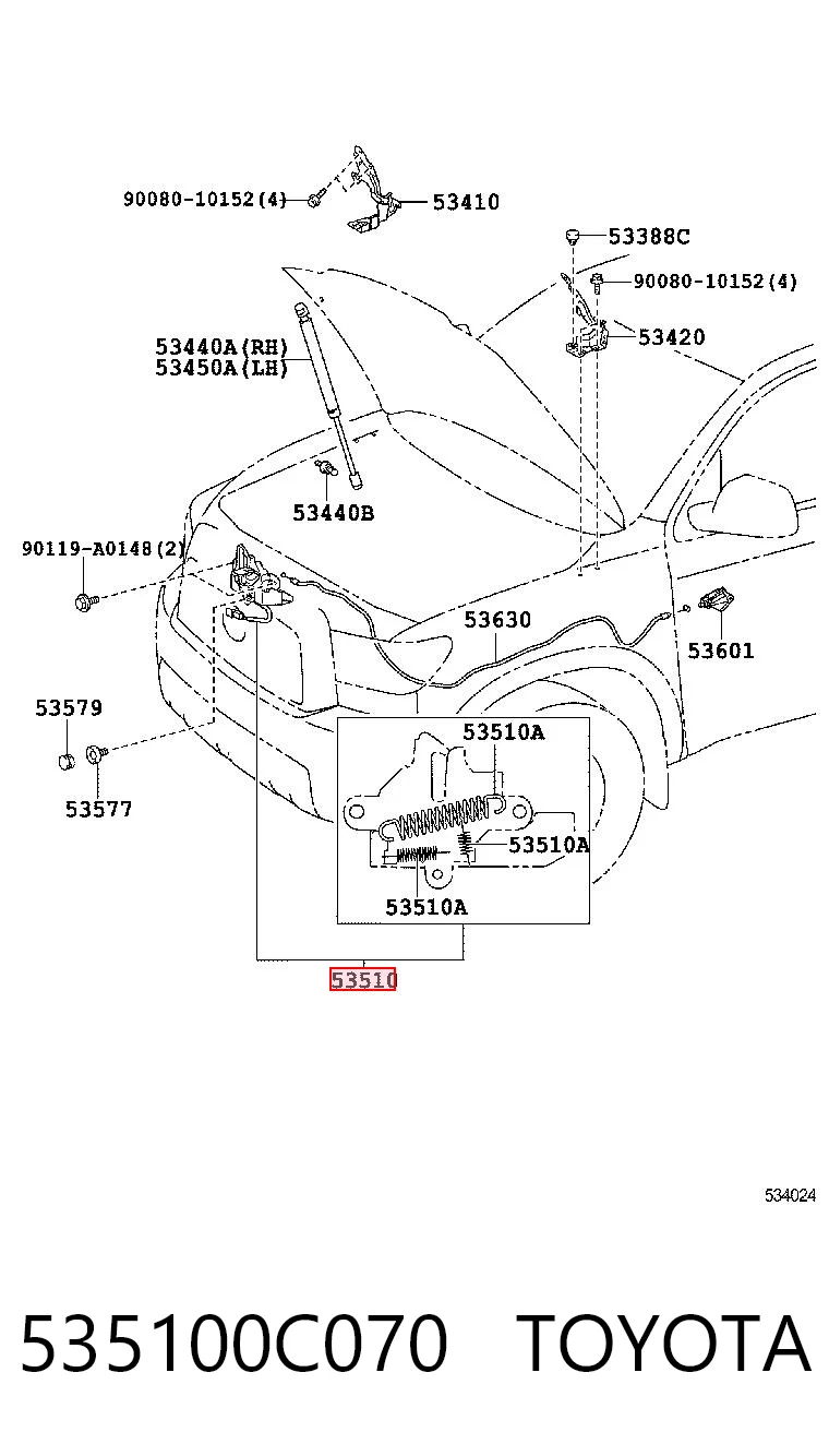 535100C070 Toyota Запор капота (замок і привід замка капота)