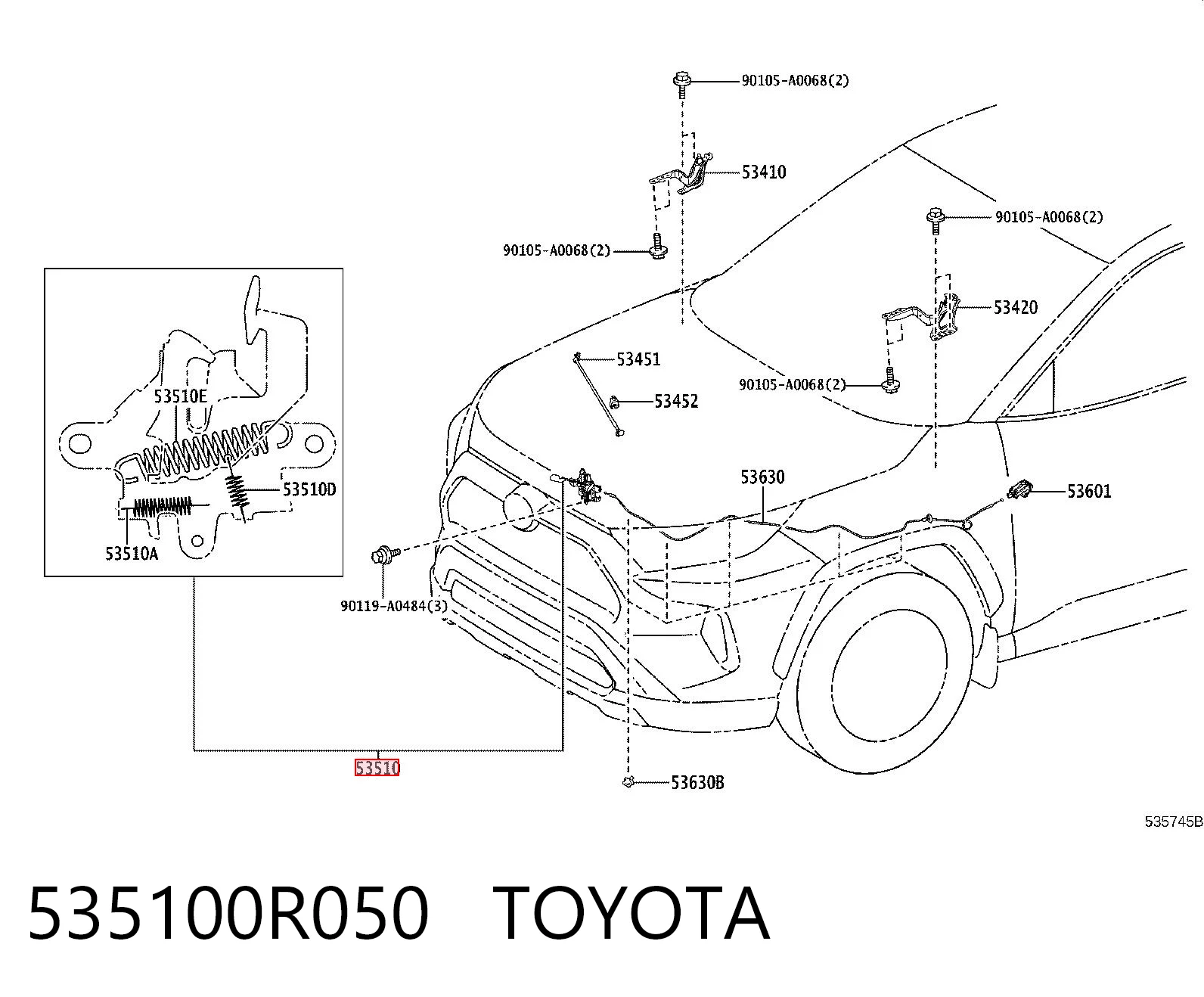 535100R050 Toyota Запор капота (замок і привід замка капота)