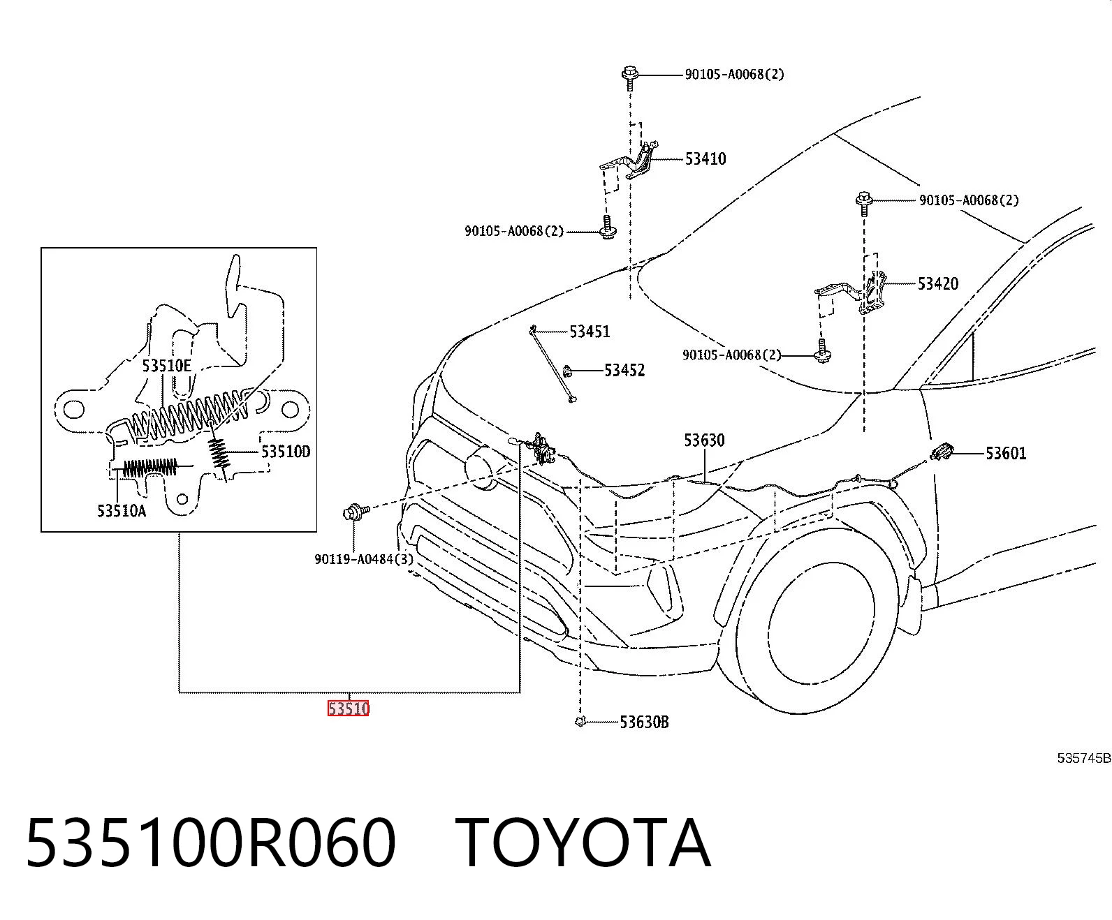 535100R060 Toyota Запор капота (замок і привід замка капота)