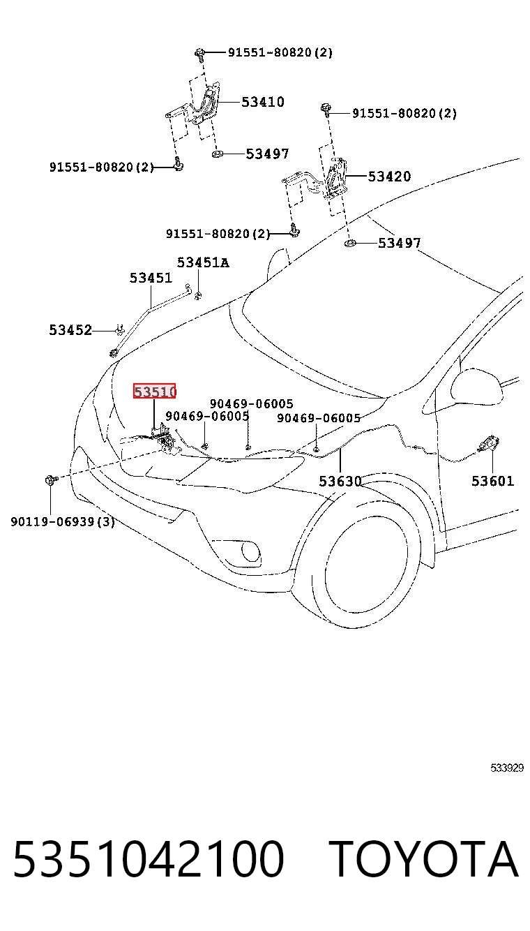 5351042100 Toyota Запор капота (замок і привід замка капота)