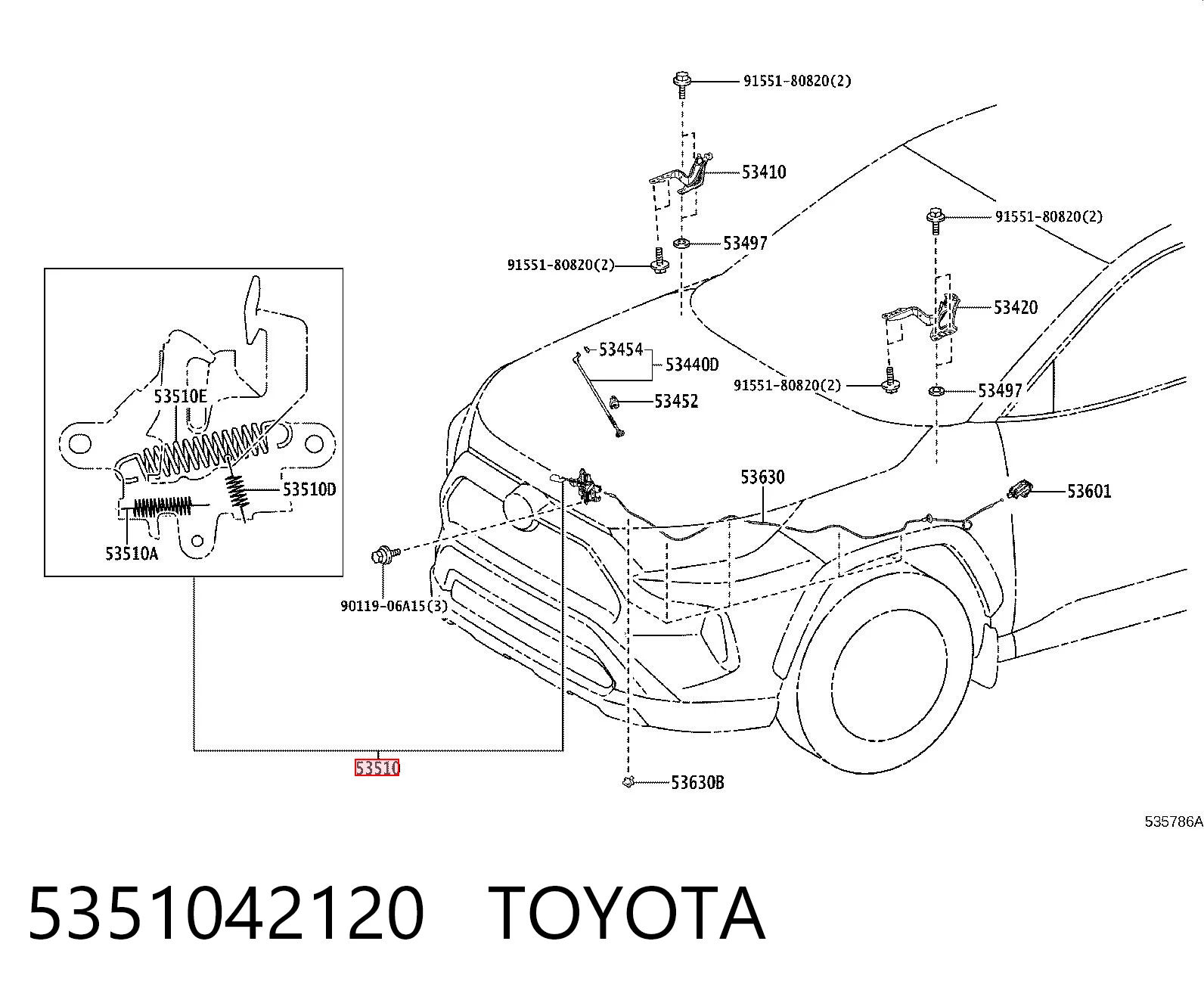 5351042120 Toyota Запор капота (замок і привід замка капота)