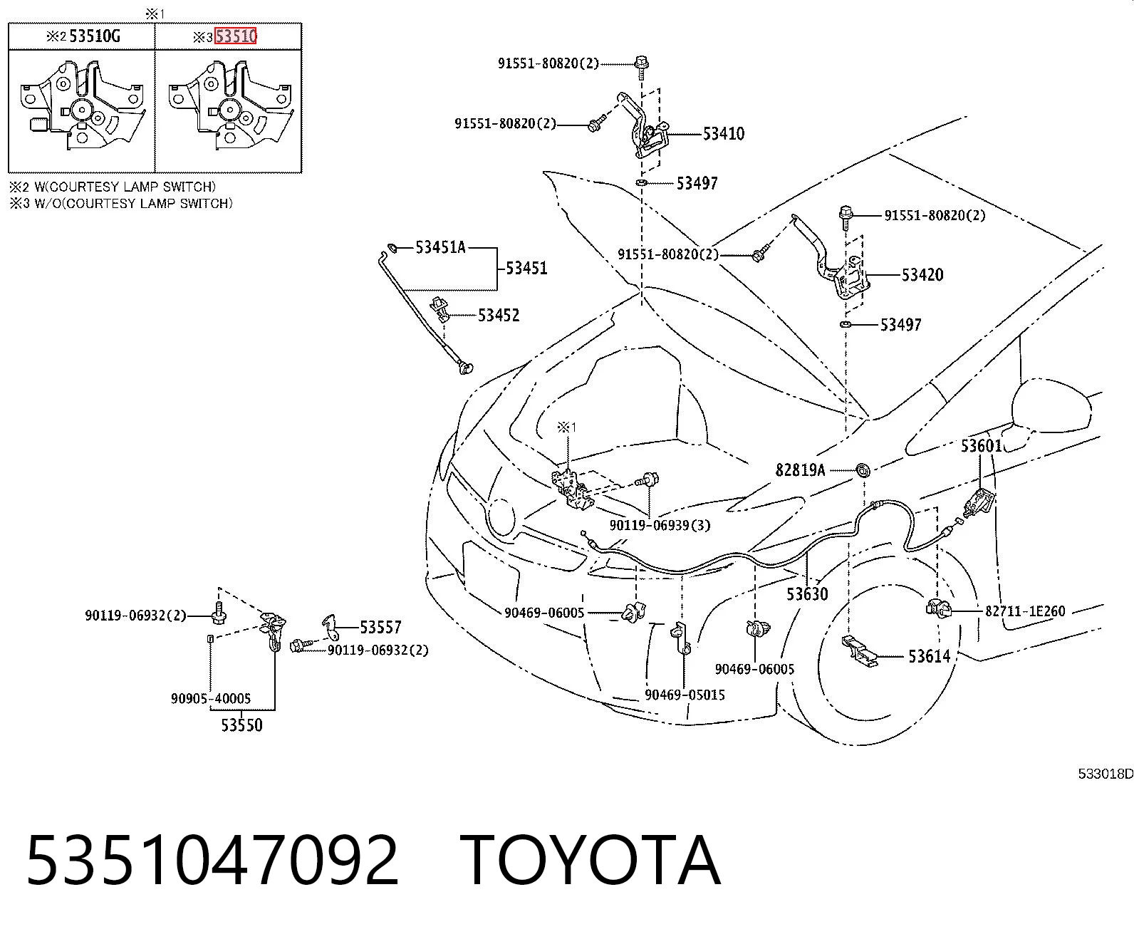 5351047092 Toyota Запор капота (замок і привід замка капота)