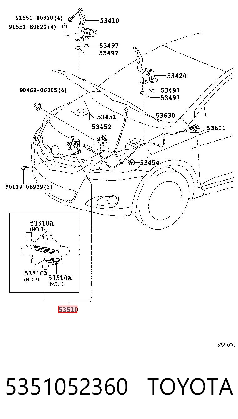 5351052360 Toyota Запор капота (замок і привід замка капота)