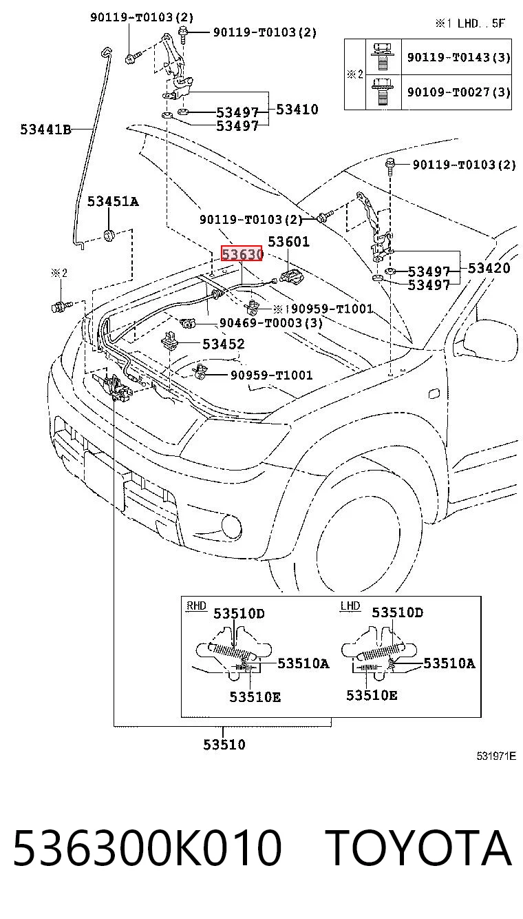 536300K010 Toyota Трос замка капота