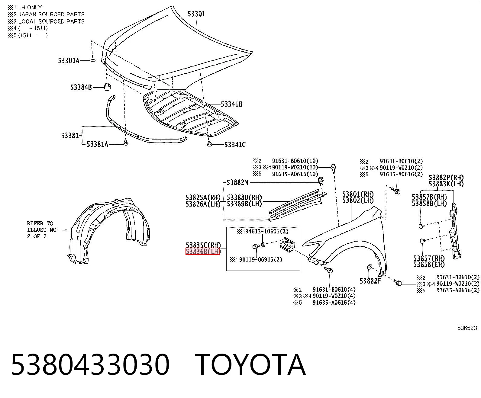 5380433030 Toyota Кронштейн кріплення крила переднього лівого, передній