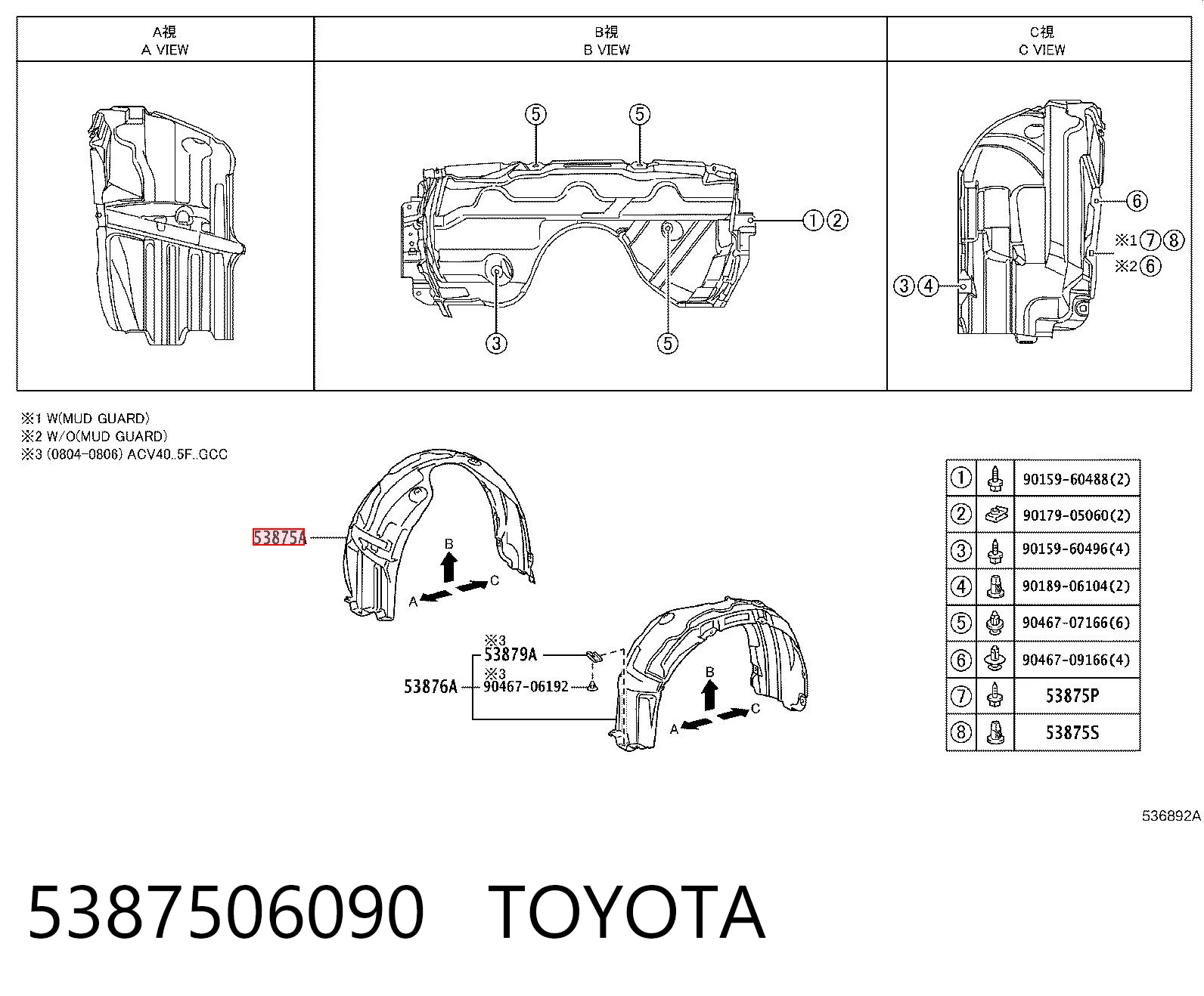 5387506090 Toyota Підкрилок переднього крила, правий