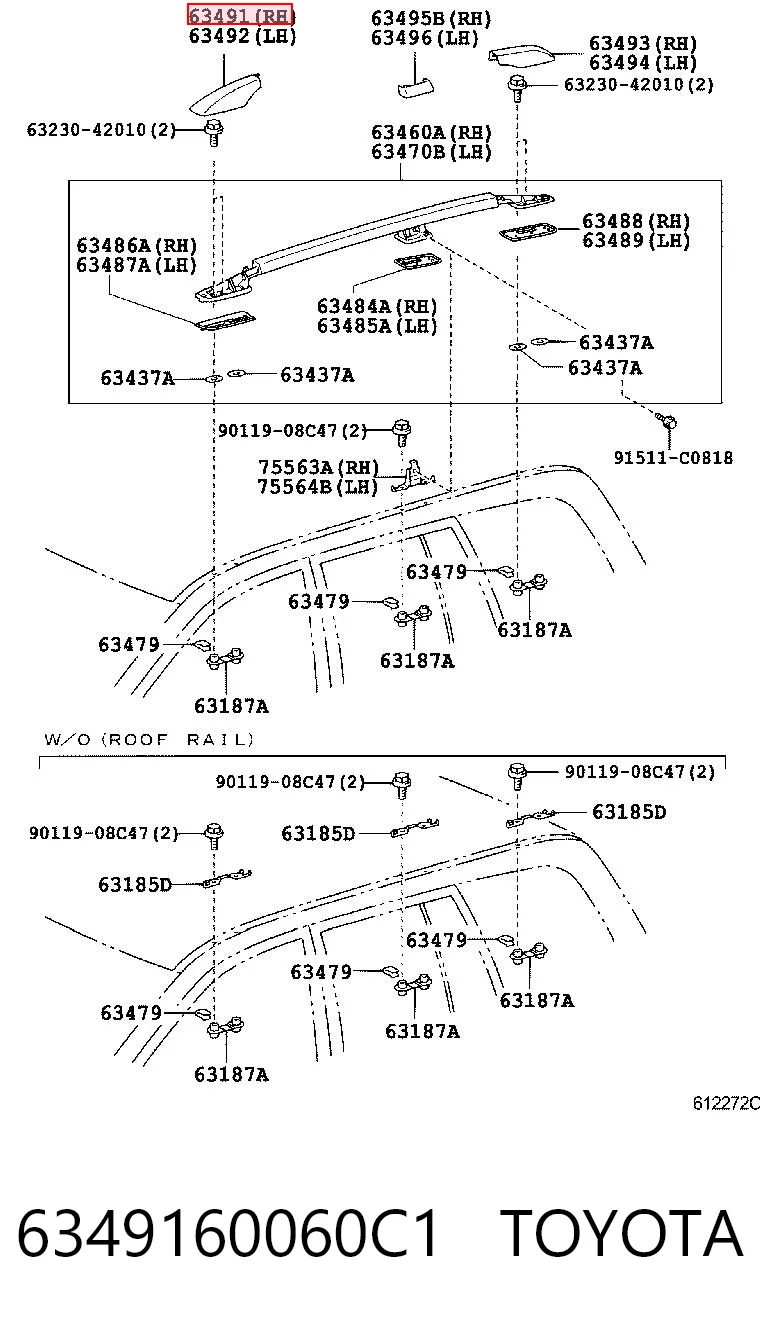 6349160060C1 Toyota Заглушка рейки/рейлинга багажника даху, передня права