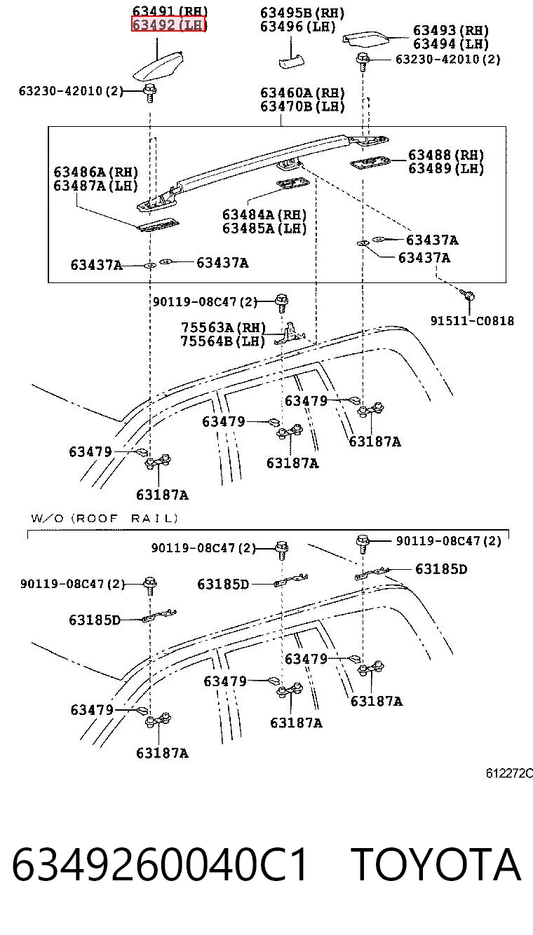 6349260040C1 Toyota Заглушка рейки/рейлинга багажника даху, передня ліва